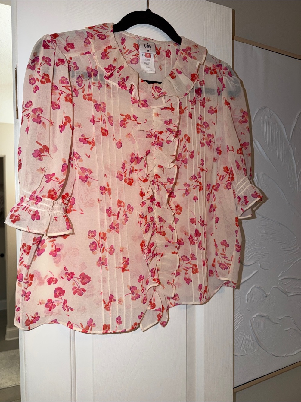 CAbi Cherish Floral Ruffle Button-Front Blouse - Pink. Like New Size Medium